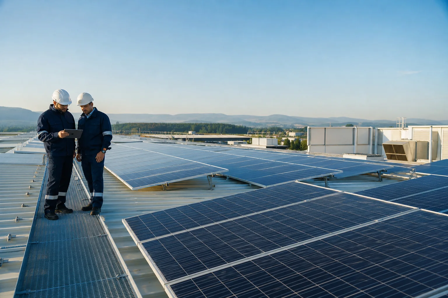 Çatı güneş enerjisi sistemini inceleyen mühendisler